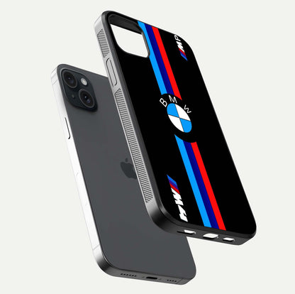 Turbo BMW Beast Glass Case for iPhone 15 Plus floating dual-view mockup displaying gloss texture and vivid print
