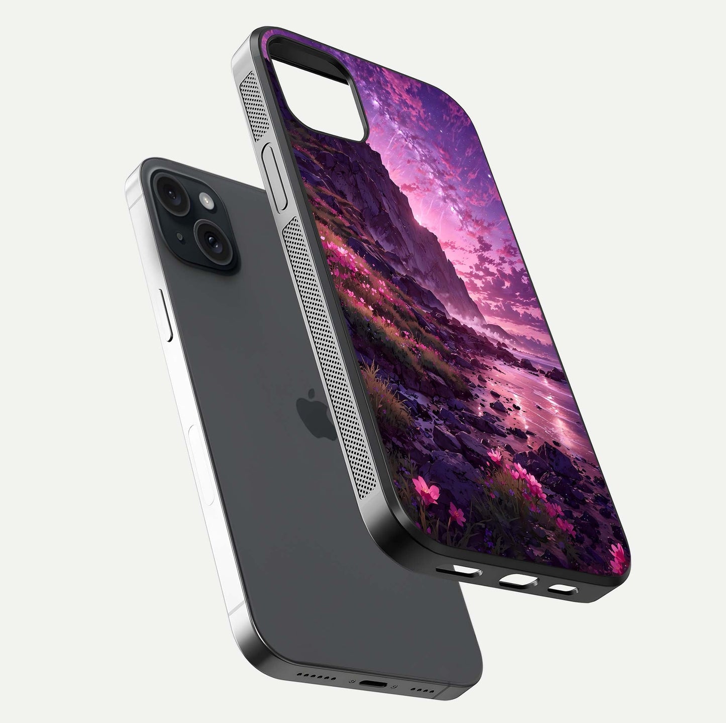 Twilight Blossom Coast Glass Case for iPhone 15 Plus floating dual-view mockup displaying gloss surface and detail