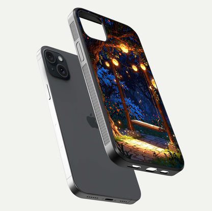 Twilight Garden Swing Glass Case for iPhone 15 Plus floating dual-view mockup displaying gloss and tone balance