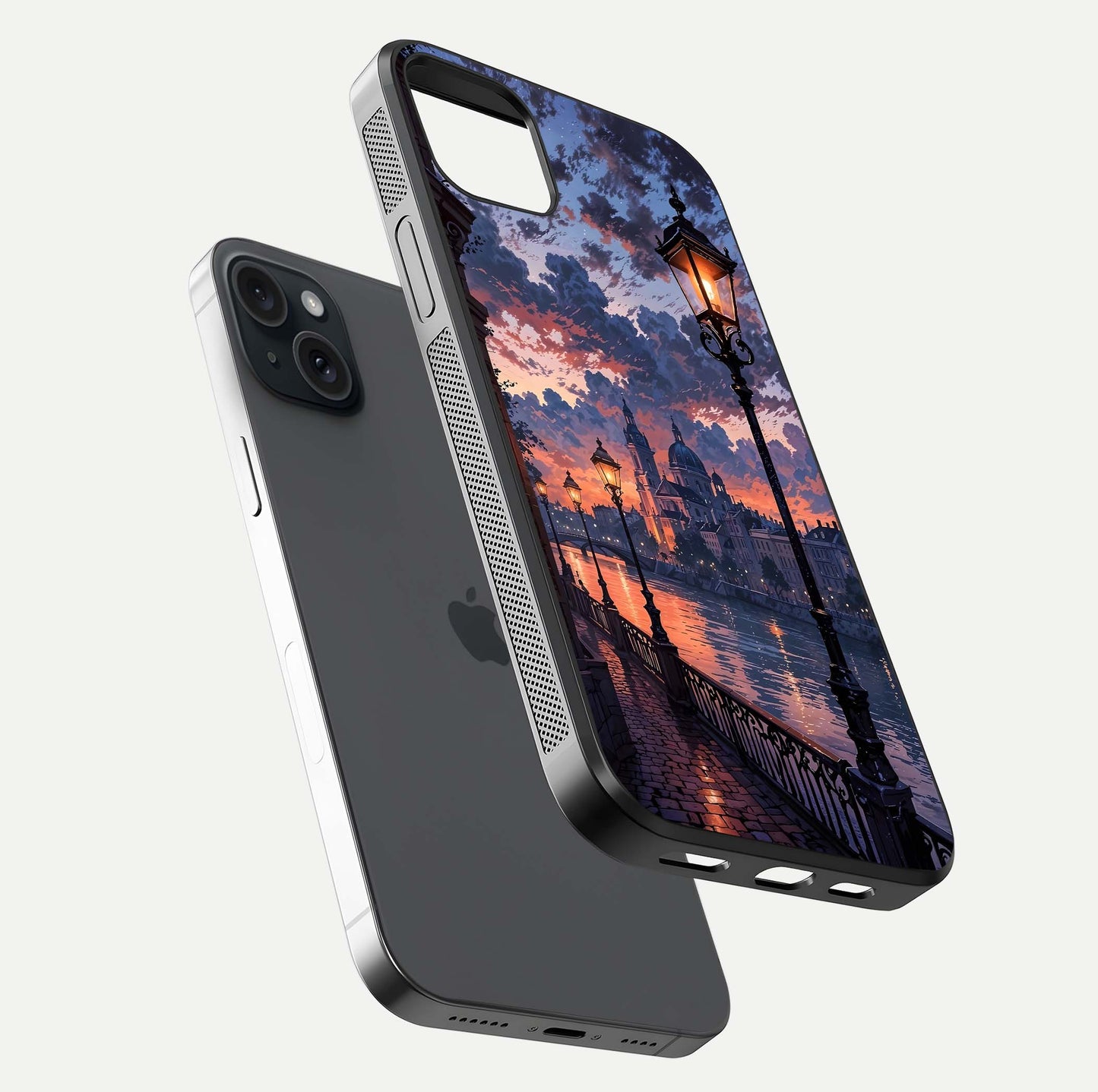 Twilight River Lights Glass Case for iPhone 15 Plus floating dual-view mockup displaying gloss shine and vivid details