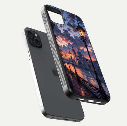 Twilight River Lights Glass Case for iPhone 15 Plus floating dual-view mockup displaying gloss shine and vivid details