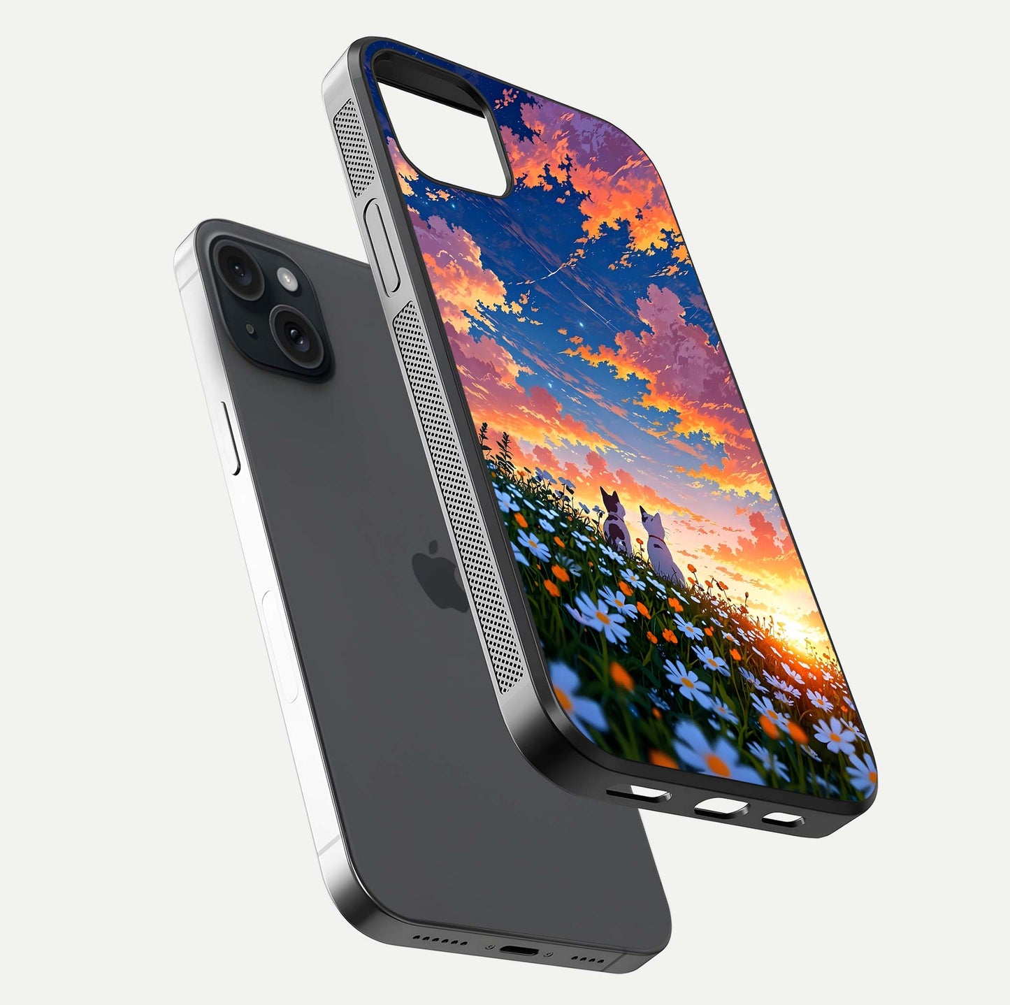 Two Cats Friends Glass Case for iPhone 15 Plus floating dual-view mockup displaying gloss surface and HD print