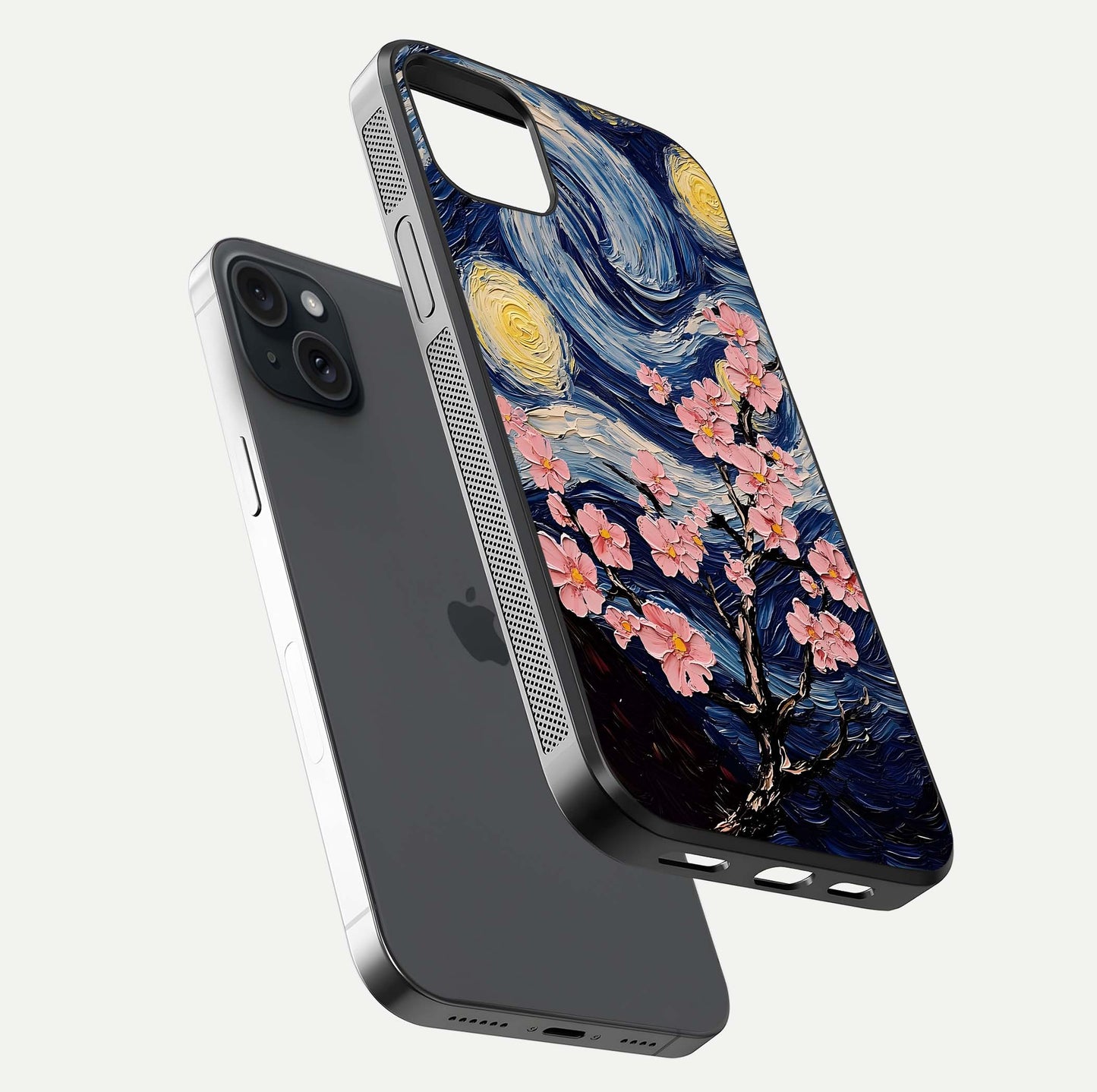 Van Gogh Scenery Glass Case for iPhone 15 Plus floating dual-view mockup displaying gloss reflection and HD quality