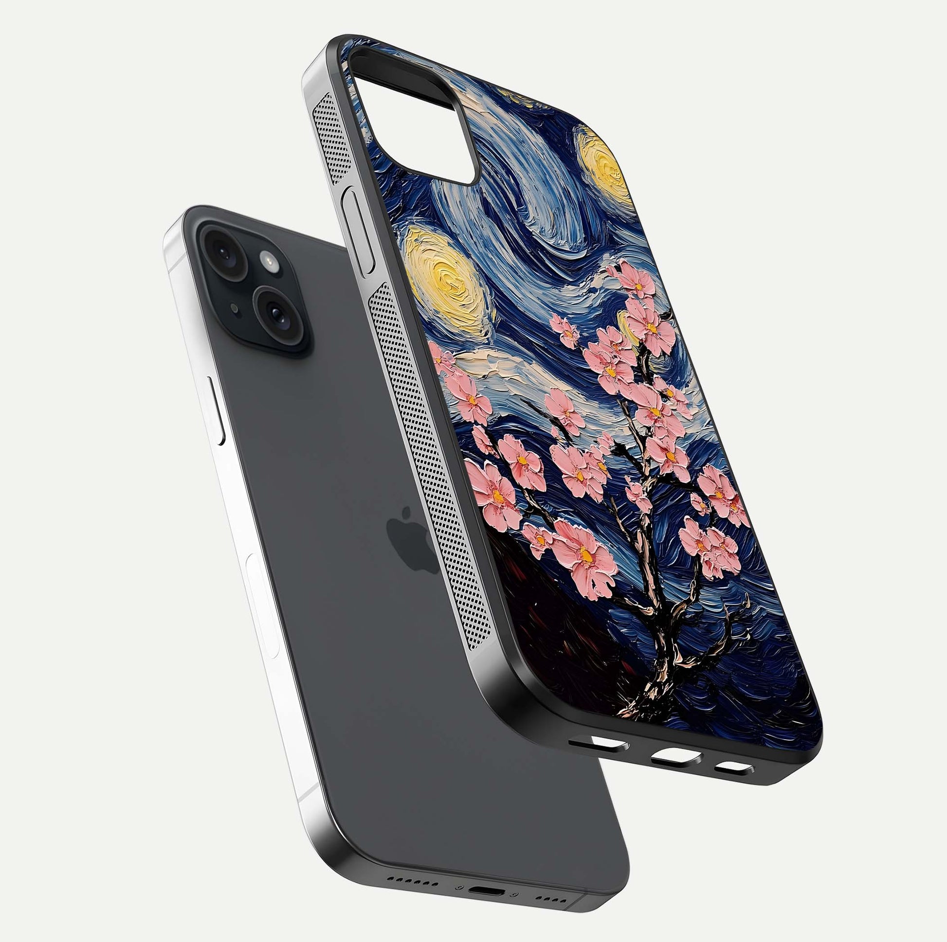 Van Gogh Scenery Glass Case for iPhone 15 Plus floating dual-view mockup displaying gloss reflection and HD quality
