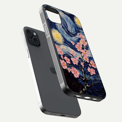 Van Gogh Scenery Glass Case for iPhone 15 Plus floating dual-view mockup displaying gloss reflection and HD quality