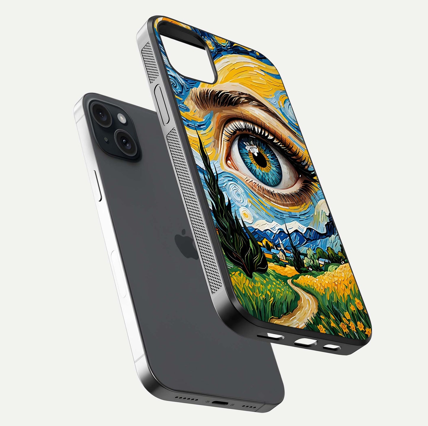 Van Gogh Eye Glass Case for iPhone 15 Plus floating dual-view mockup displaying gloss texture and depth