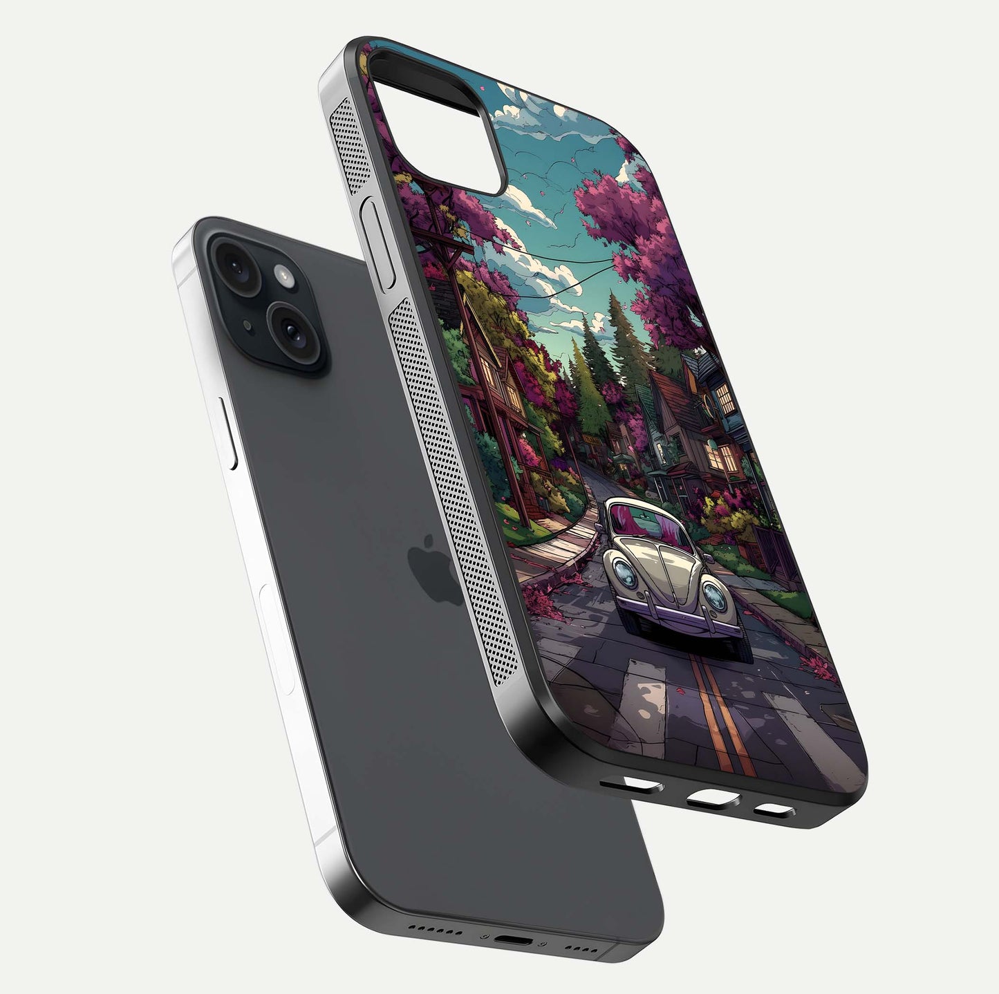 Vintage Street Drive Glass Case for iPhone 15 Plus floating dual-view mockup displaying gloss shine and texture