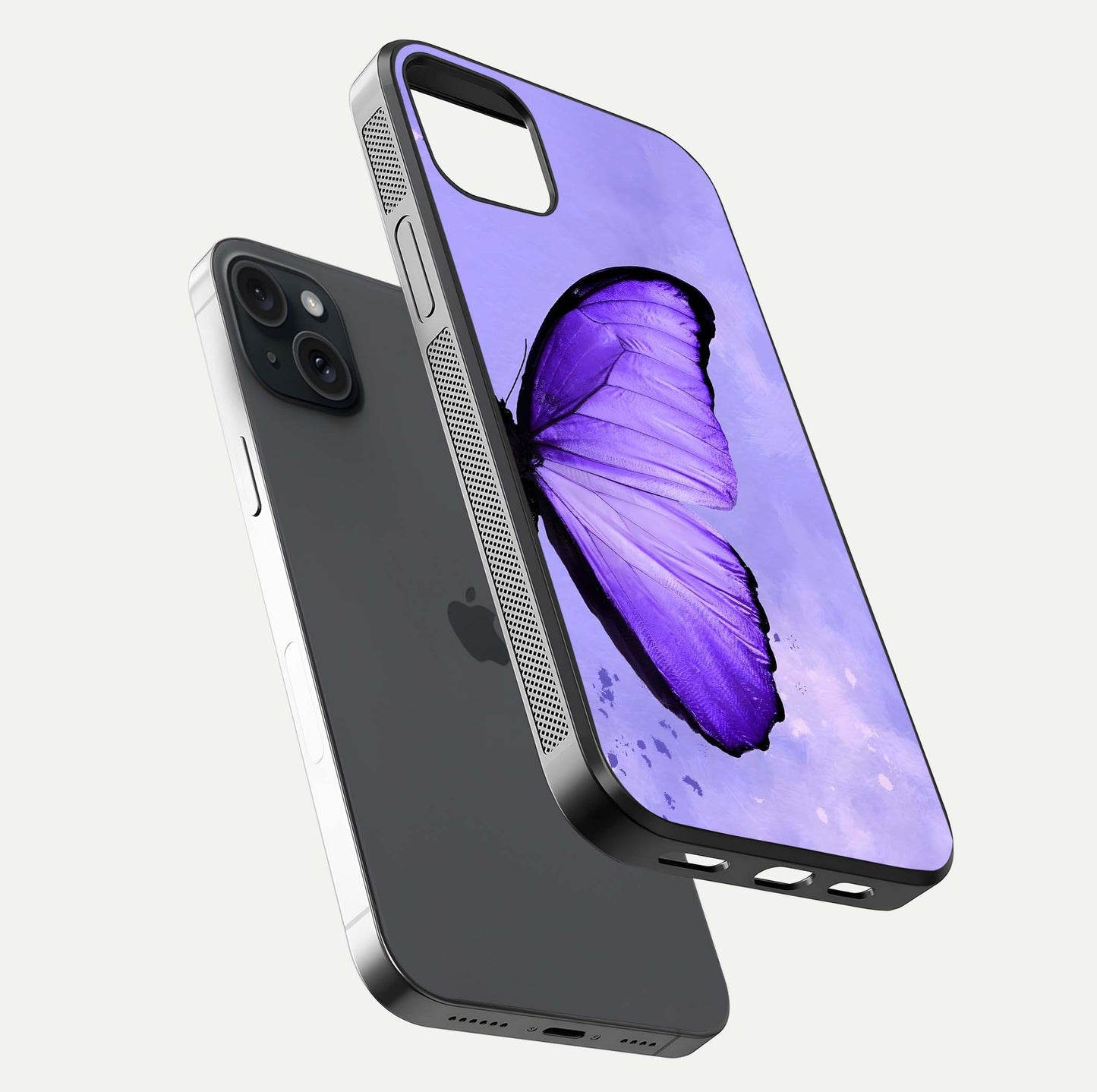 Violet Dream Wing Glass Case for iPhone 15 Plus floating dual-view mockup displaying gloss depth and clarity
