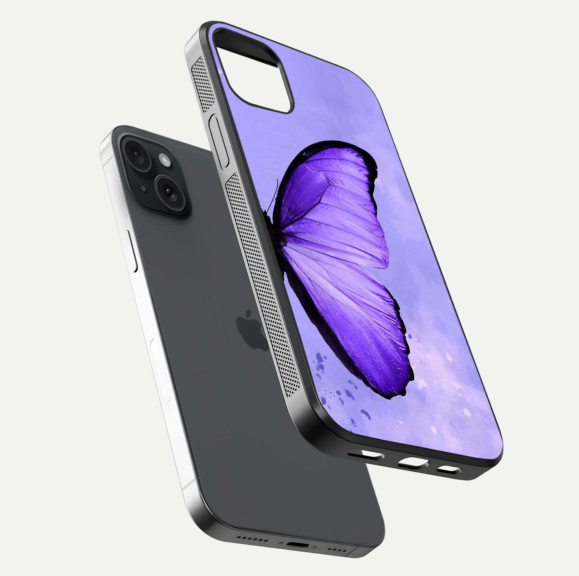 Violet Dream Wing Glass Case for iPhone 15 Plus floating dual-view mockup displaying gloss depth and clarity