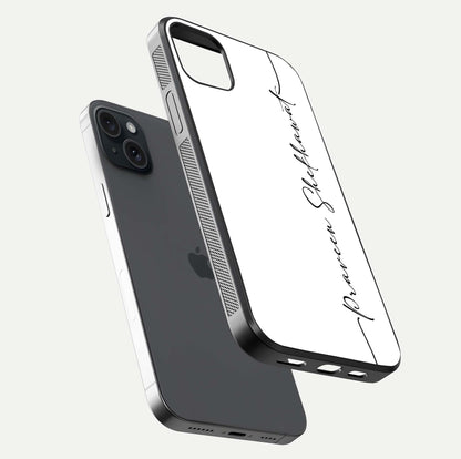 White Tune Custom Name Glass Case for iPhone 15 Plus floating dual-view mockup displaying gloss and HD detail