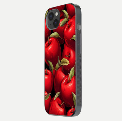 Apple Pattern Glass Case for iPhone 15 Plus side-angle image showcasing minimalist apple print and gloss reflection