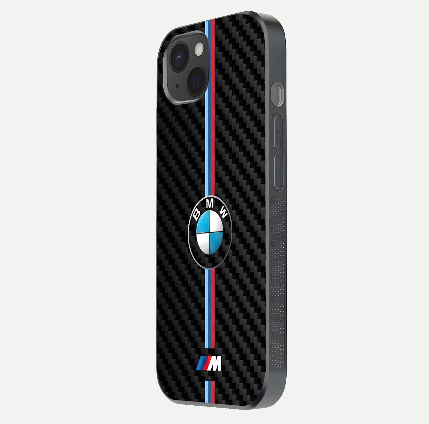 BMW Pattern Glass Case for iPhone 15 Plus side-angle image showing edge finish and luxury car-inspired shine