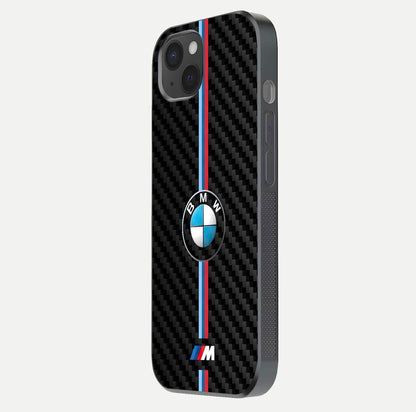 BMW Pattern Glass Case for iPhone 15 Plus side-angle image showing edge finish and luxury car-inspired shine