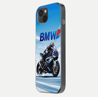 BMW Power Drift Glass Case for iPhone 15 Plus side-angle image emphasizing smooth finish and detailed design