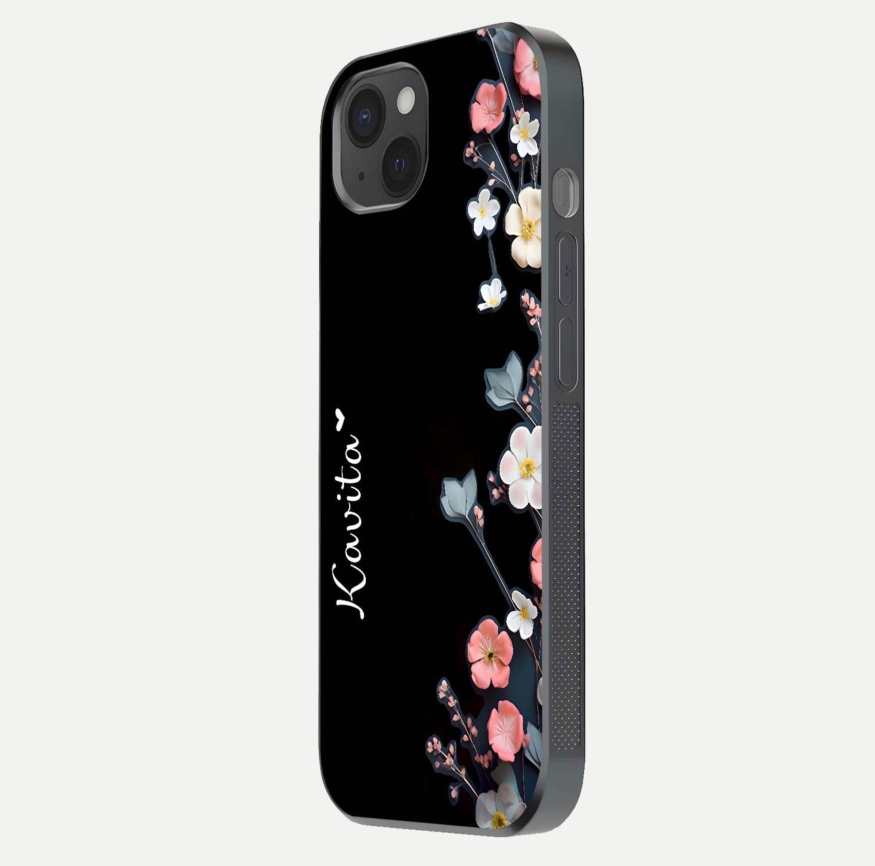 Black Elegance Floral Custom Name Glass Case for iPhone 15 Plus side-angle showing black gloss depth and delicate print texture