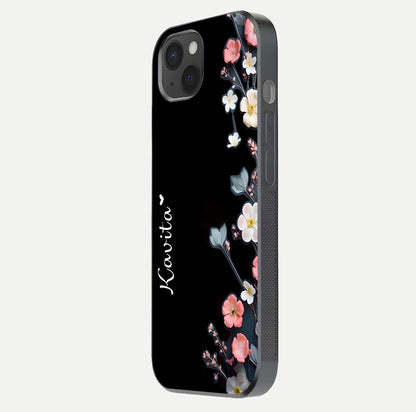 Black Elegance Floral Custom Name Glass Case for iPhone 15 Plus side-angle showing black gloss depth and delicate print texture