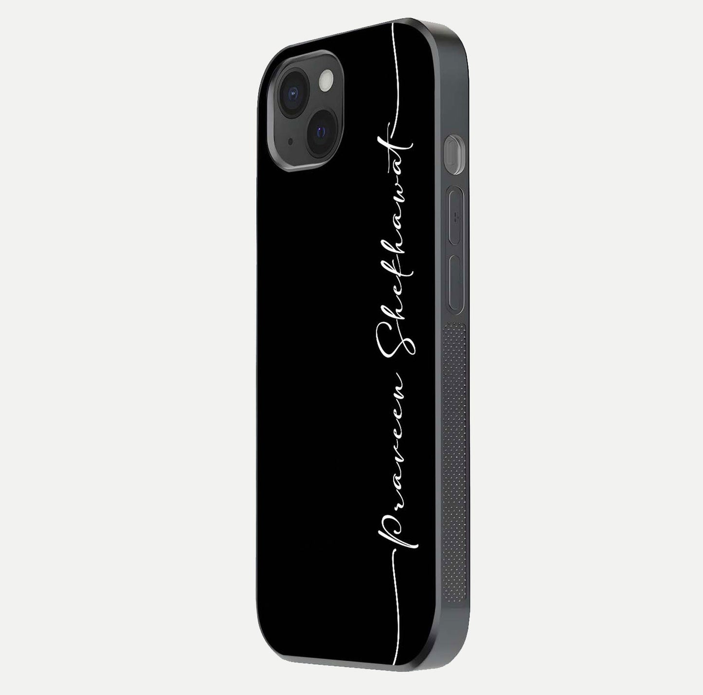 Black Tune Custom Name Glass Case for iPhone 15 Plus side-angle photo showing mirror-like surface and slim profile