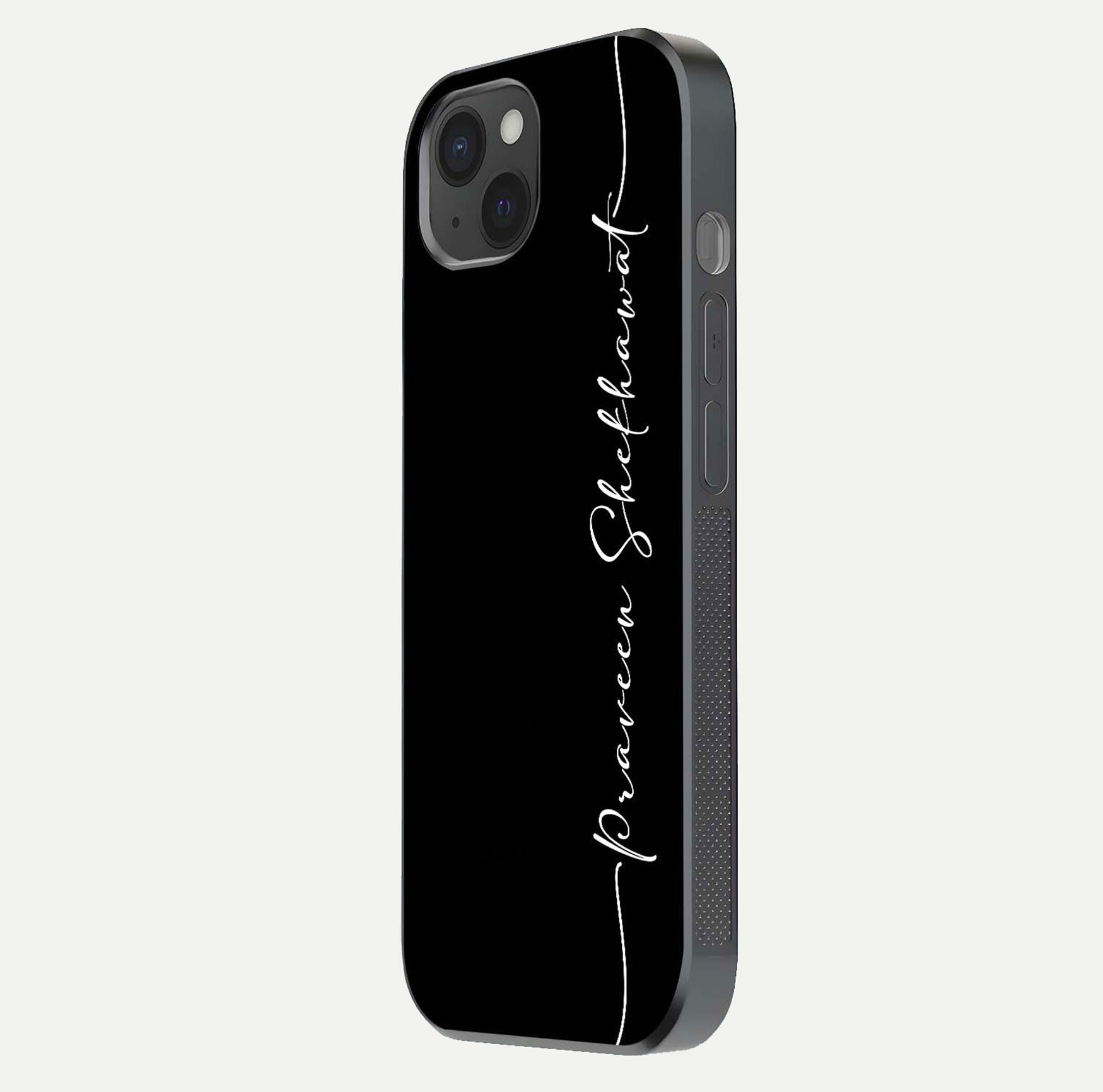 Black Tune Custom Name Glass Case for iPhone 15 Plus side-angle photo showing mirror-like surface and slim profile