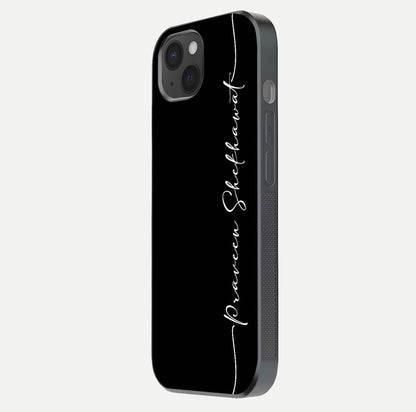 Black Tune Custom Name Glass Case for iPhone 15 Plus side-angle photo showing mirror-like surface and slim profile