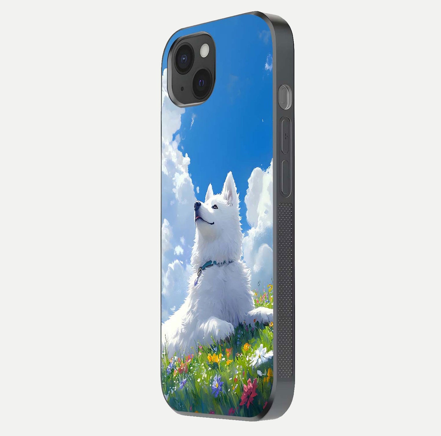 Blissful Cloud Pup Glass Case for iPhone 15 Plus side-angle shot displaying puppy print and glossy texture