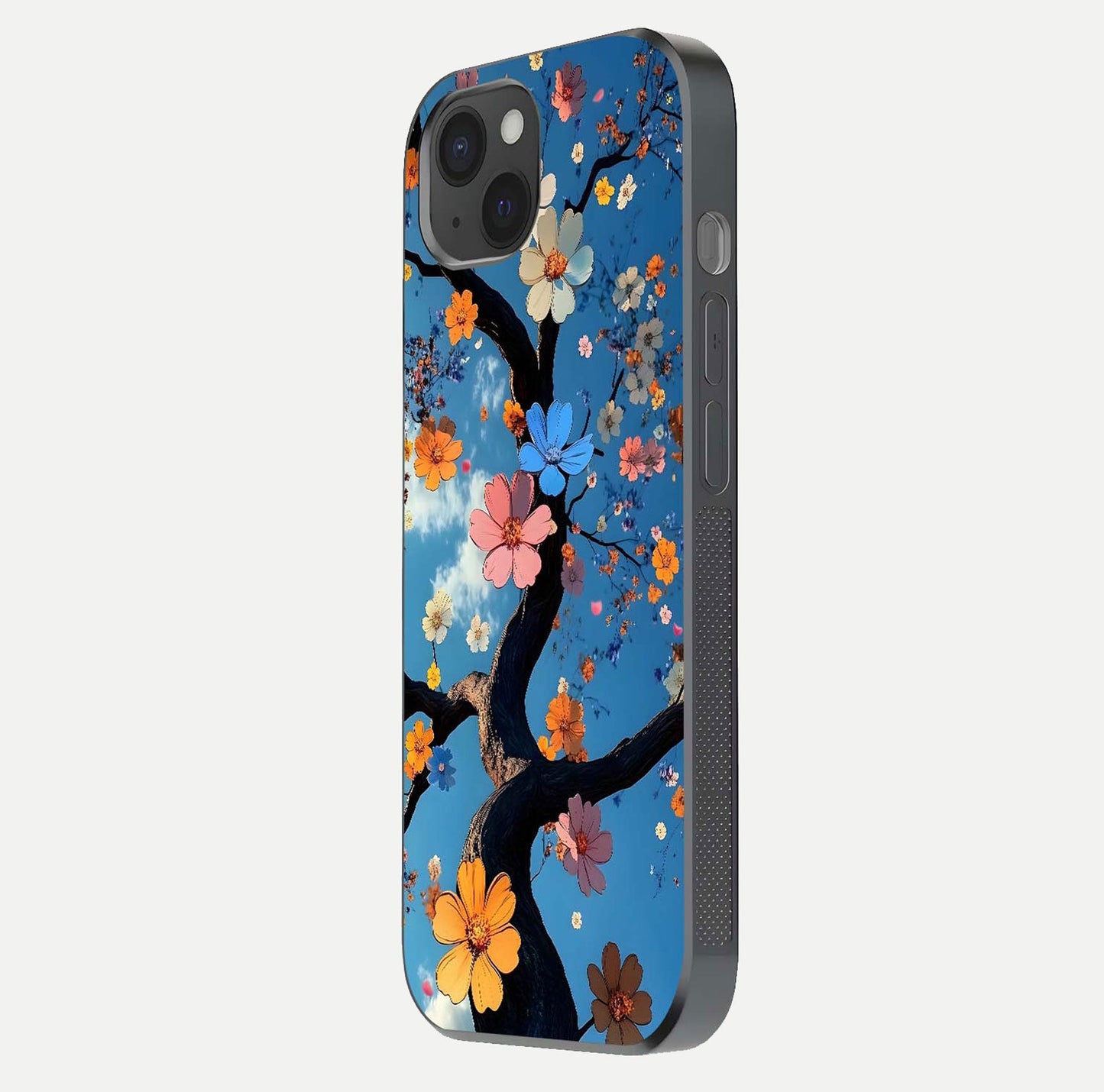Blossom Dream Sky Glass Case for iPhone 15 Plus side-angle photo showing flower details, edge curve, and reflection shine