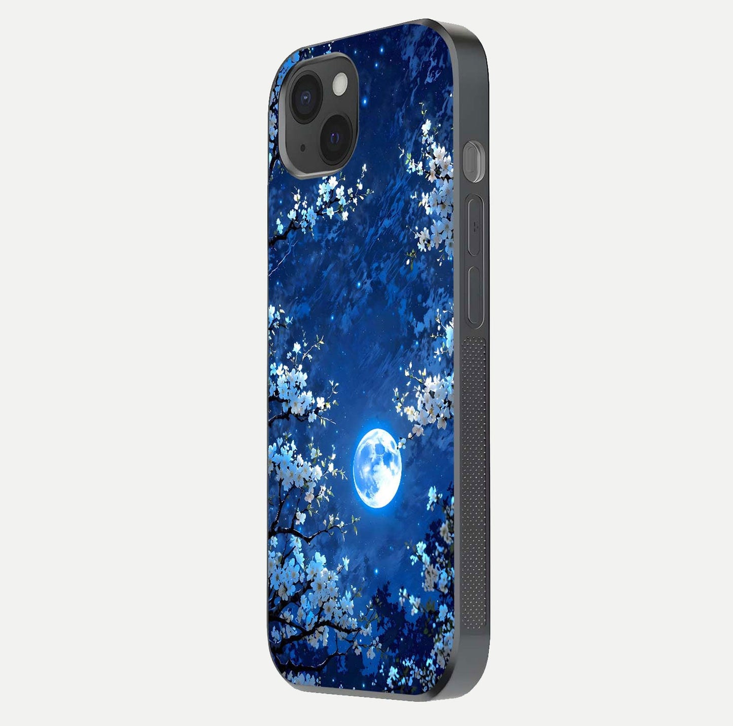 Blossom Moonlight Sky Glass Case for iPhone 15 Plus side-angle view emphasizing moonlight tones and protective edge