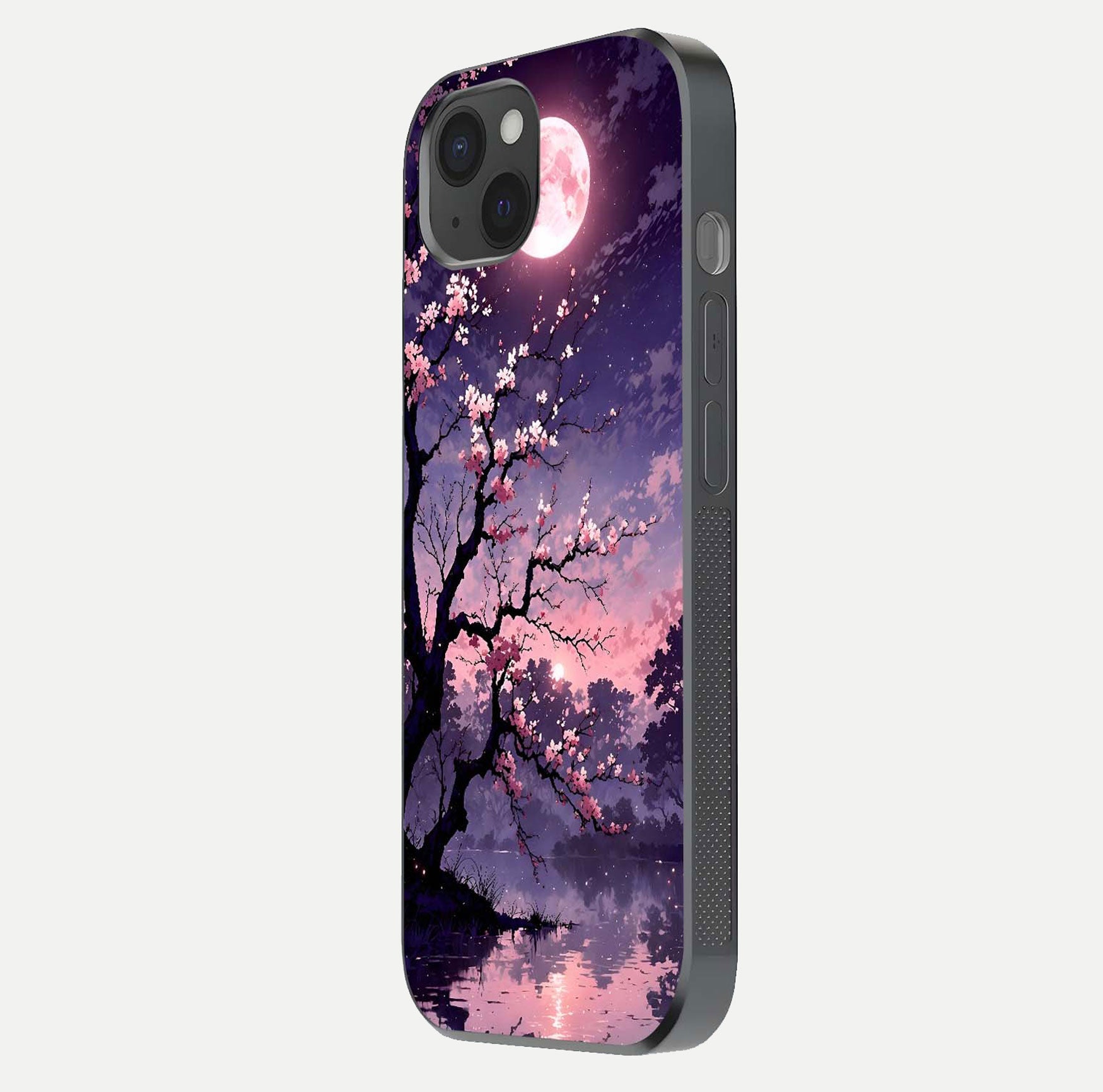 Blossom Pink Moon Glass Case for iPhone 15 Plus side-angle image showing glossy curve and floral-moon balance