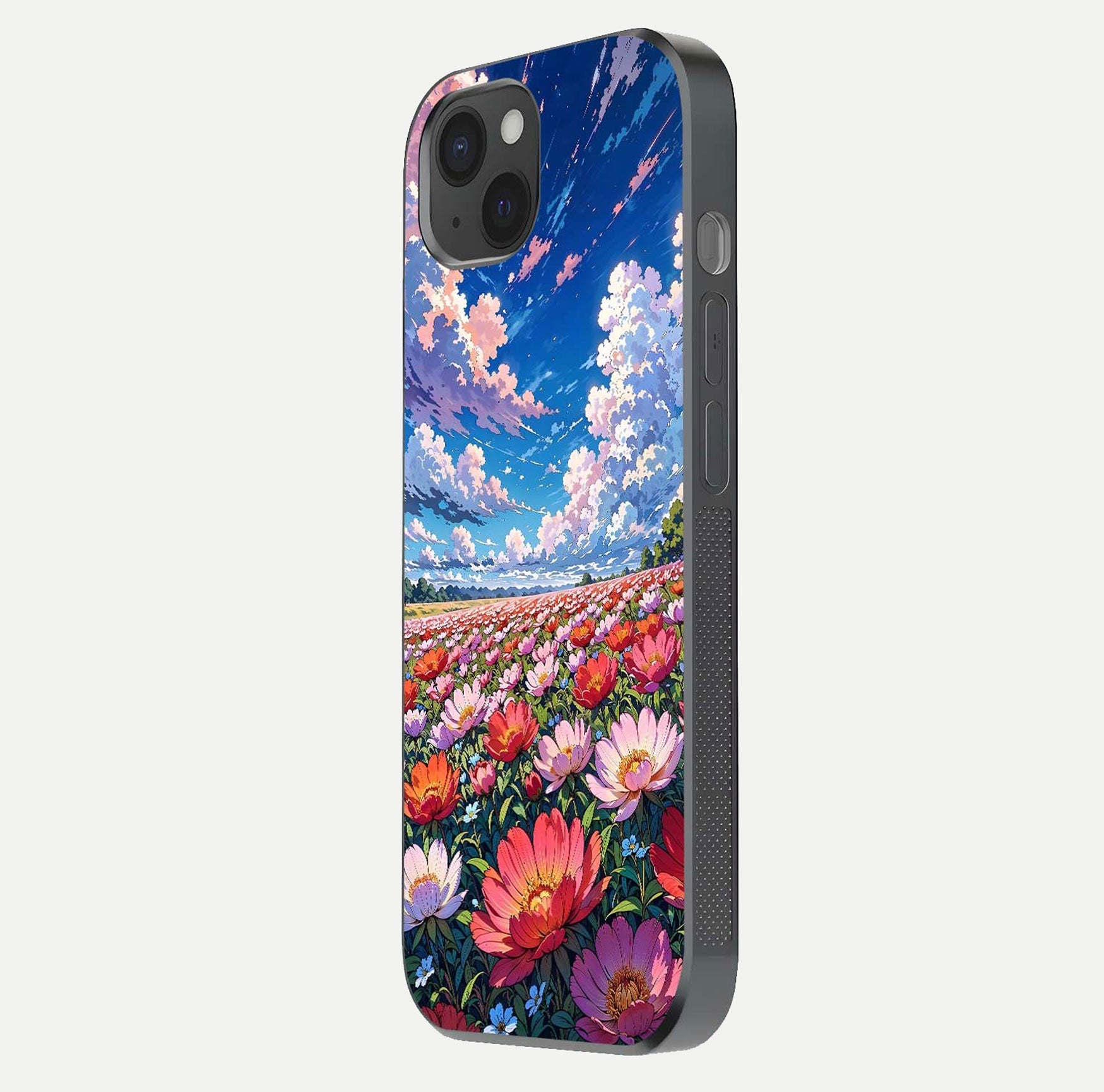 Blossom Sky Field Glass Case for iPhone 15 Plus side-angle showing sky hues, blossom texture, and reflective shine