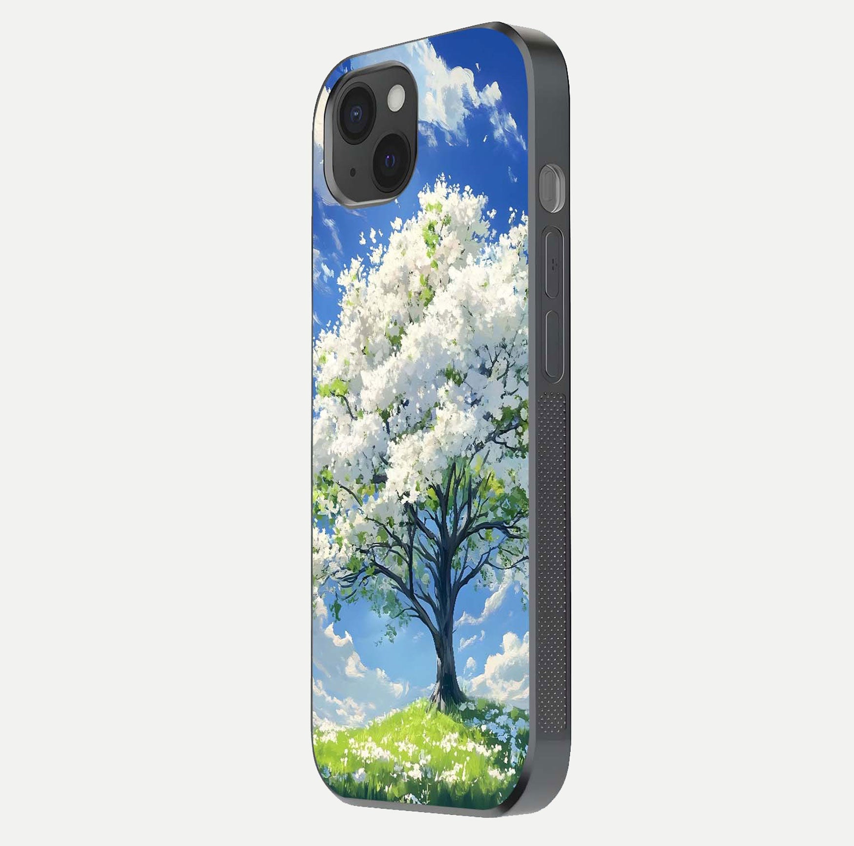Blossom Sky Serenity Glass Case for iPhone 15 Plus side-angle image showing elegant edge flow and light reflection
