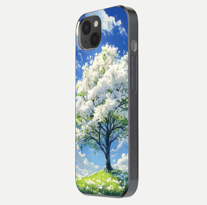 Blossom Sky Serenity Glass Case for iPhone 15 Plus side-angle image showing elegant edge flow and light reflection