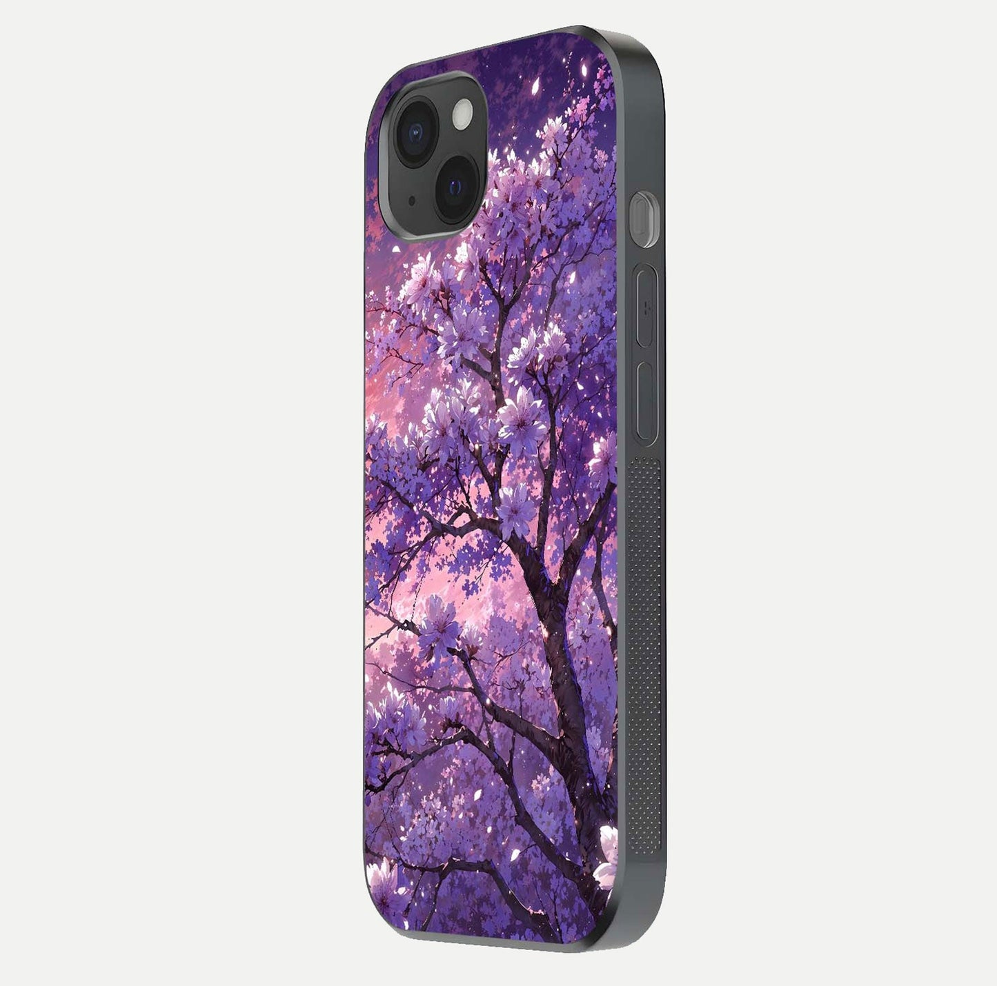 Blossom Tree Glass Case for iPhone 15 Plus side-angle image showing floral tree artwork and reflection gloss