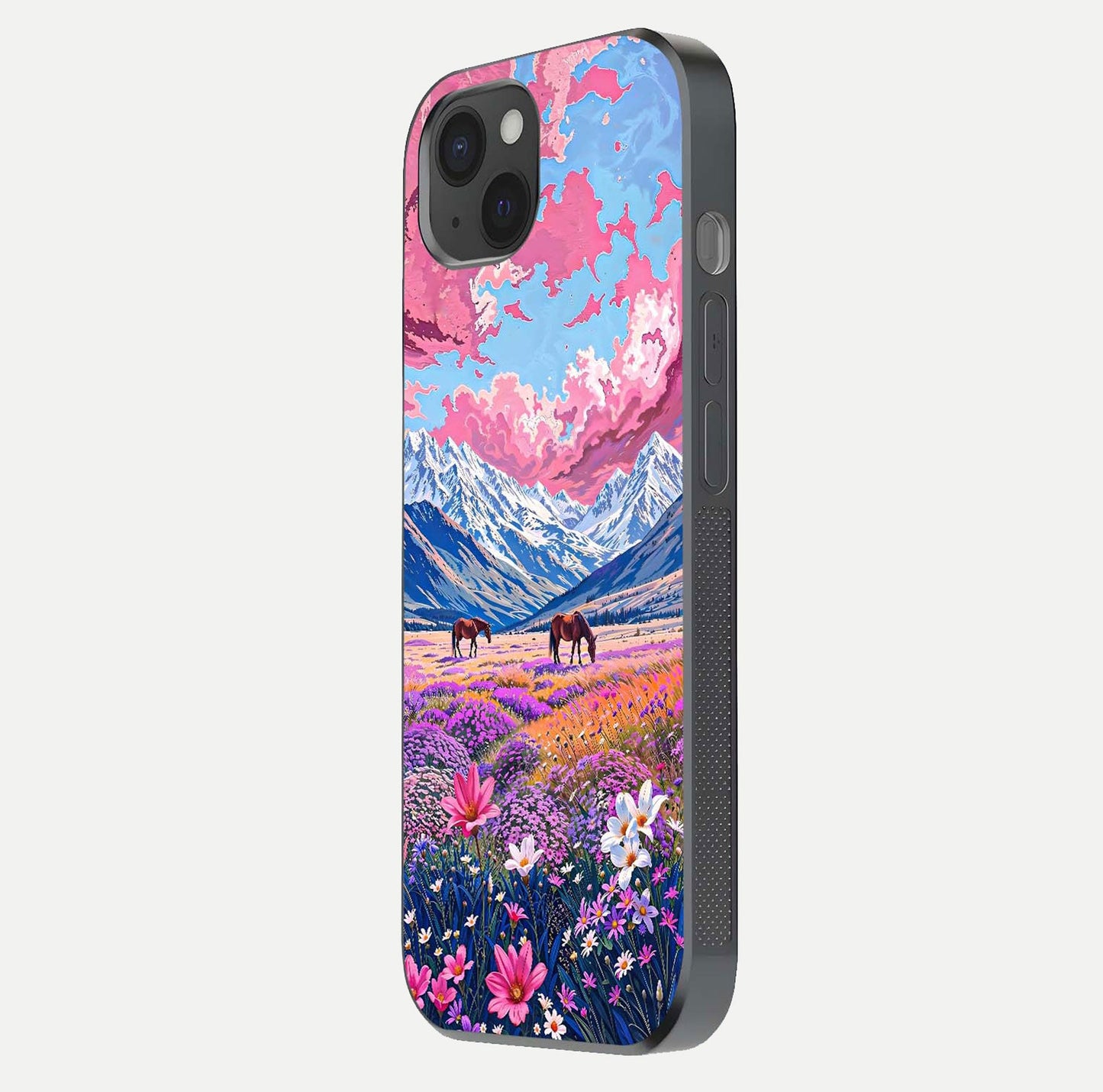 Blossom Valley Dream Glass Case for iPhone 15 Plus side-angle shot showcasing bloom tones and gloss texture