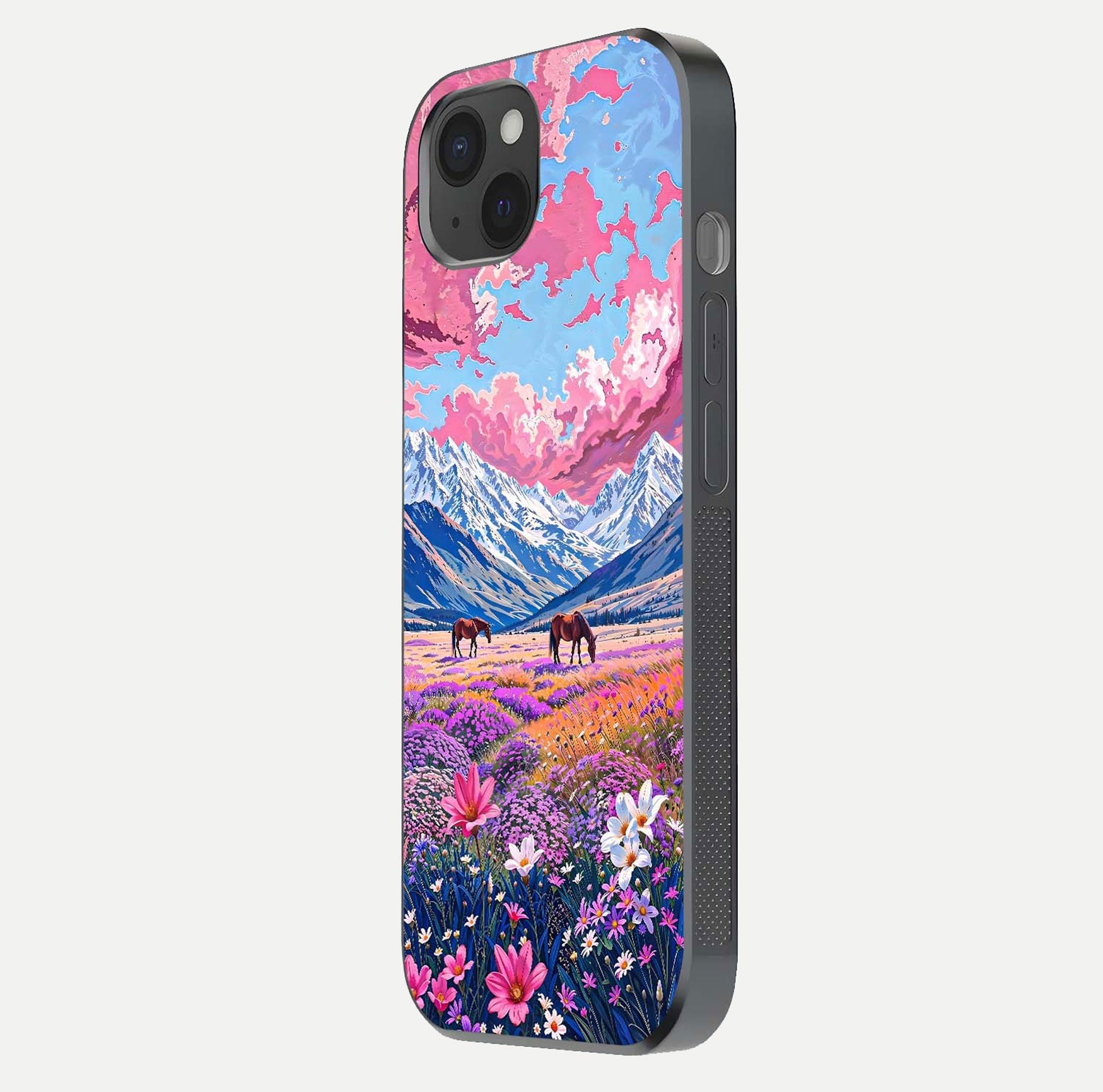 Blossom Valley Dream Glass Case for iPhone 15 Plus side-angle shot showcasing bloom tones and gloss texture