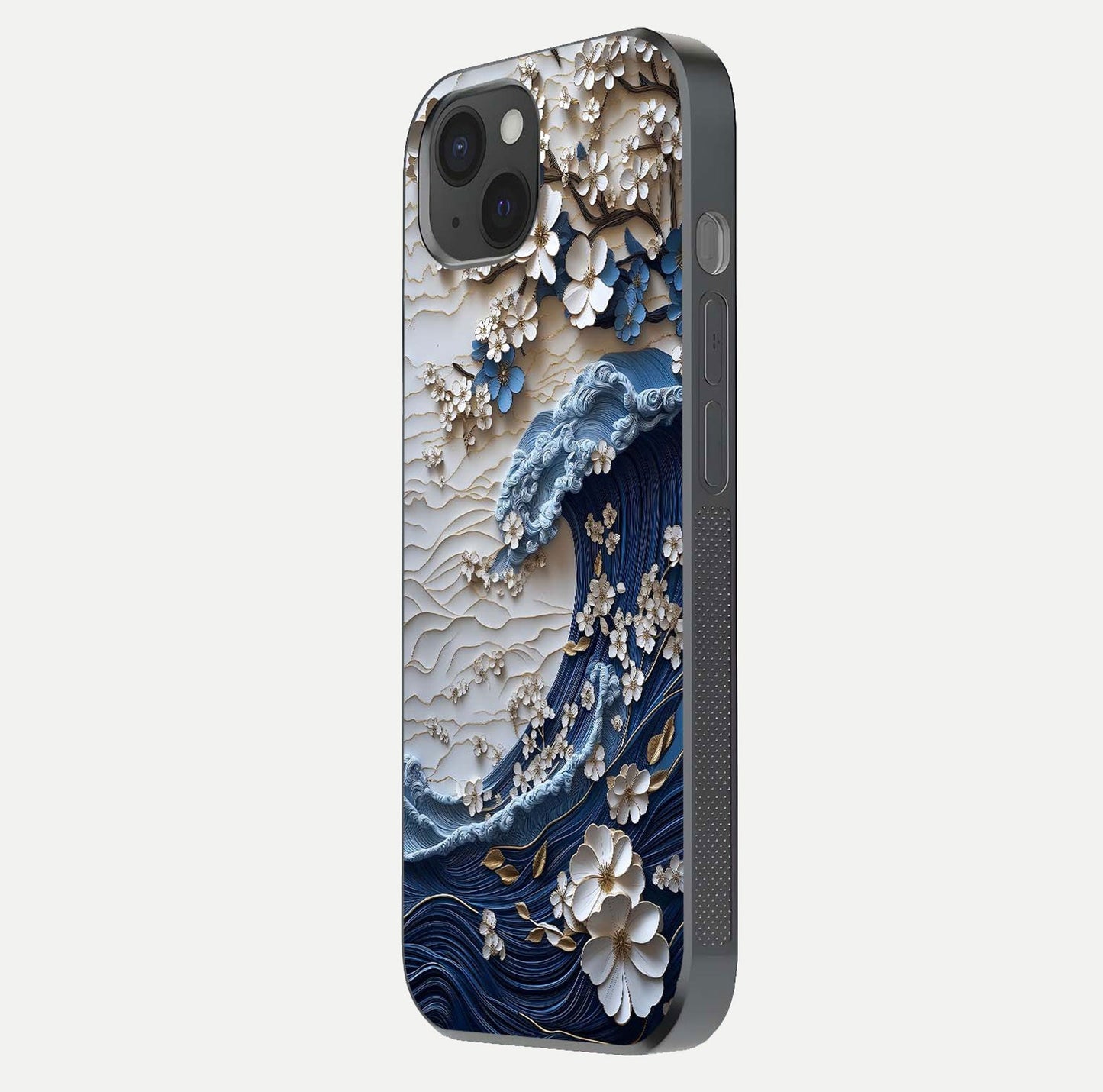 Blossom Wave Art Glass Case for iPhone 15 Plus side-angle view showing wave-flow print and gloss edge finish