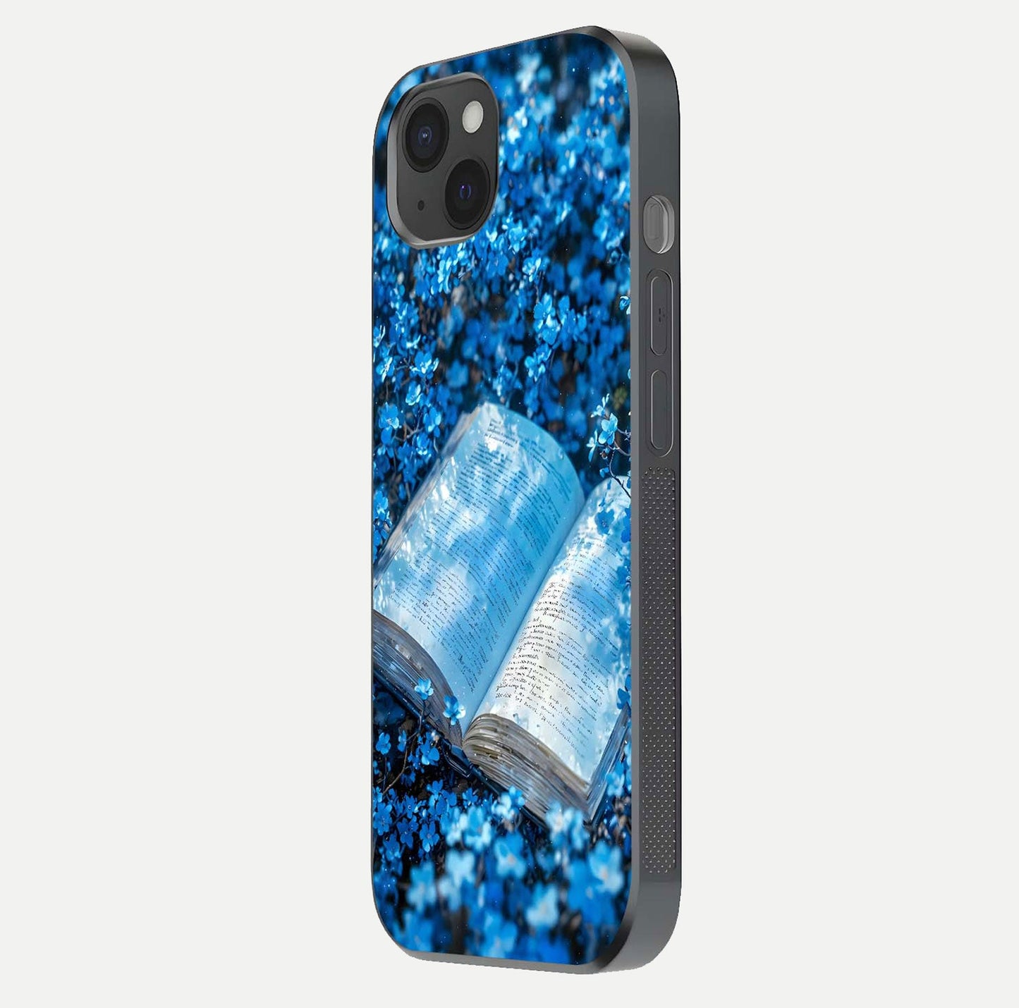 Blue Bloom Tales Glass Case for iPhone 15 Plus side-angle image showing blue floral pattern and glossy finish