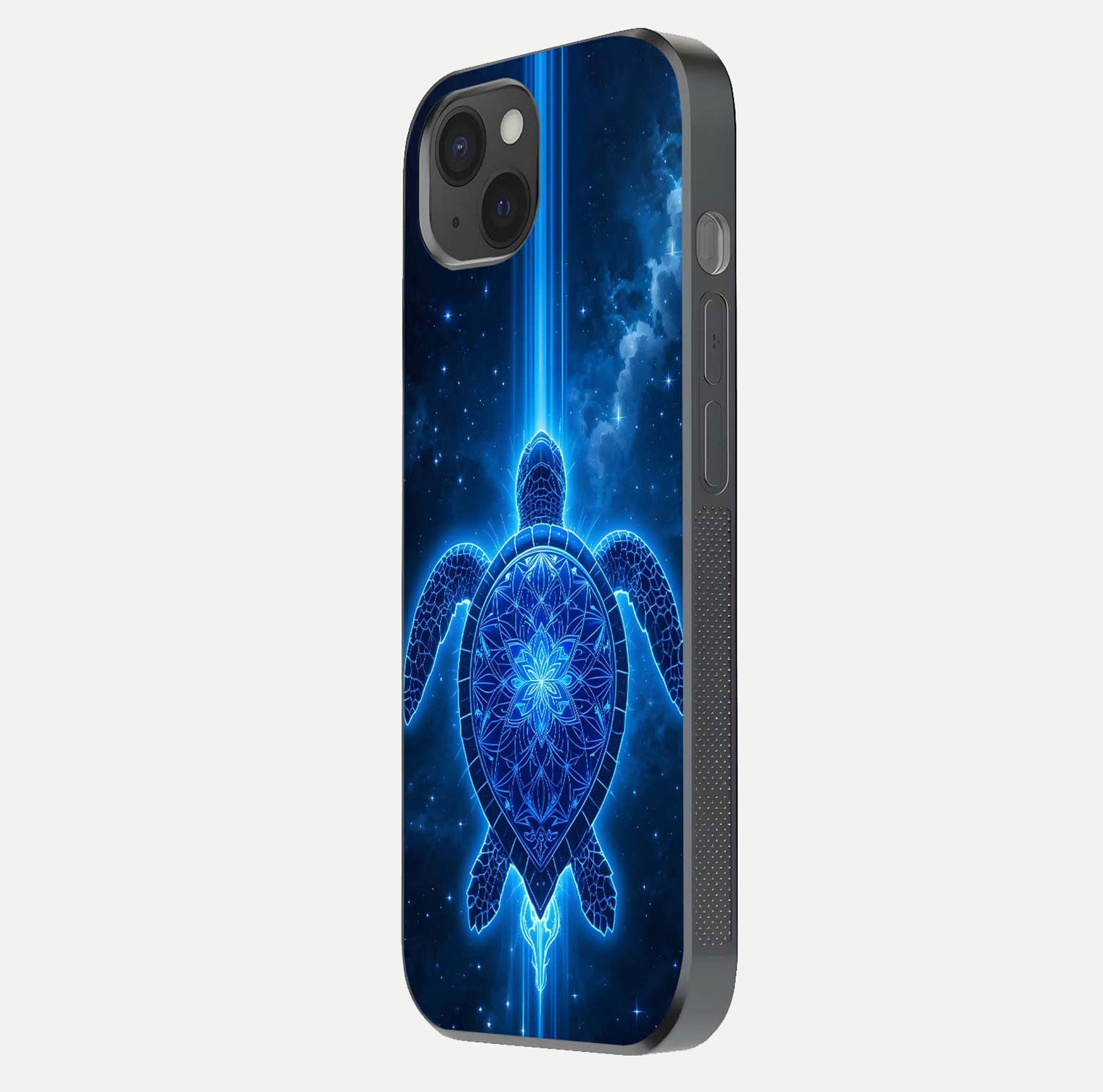 Blue Galaxy Turtle Glass Case for iPhone 15 Plus side-angle photo capturing galaxy shine and smooth edge design
