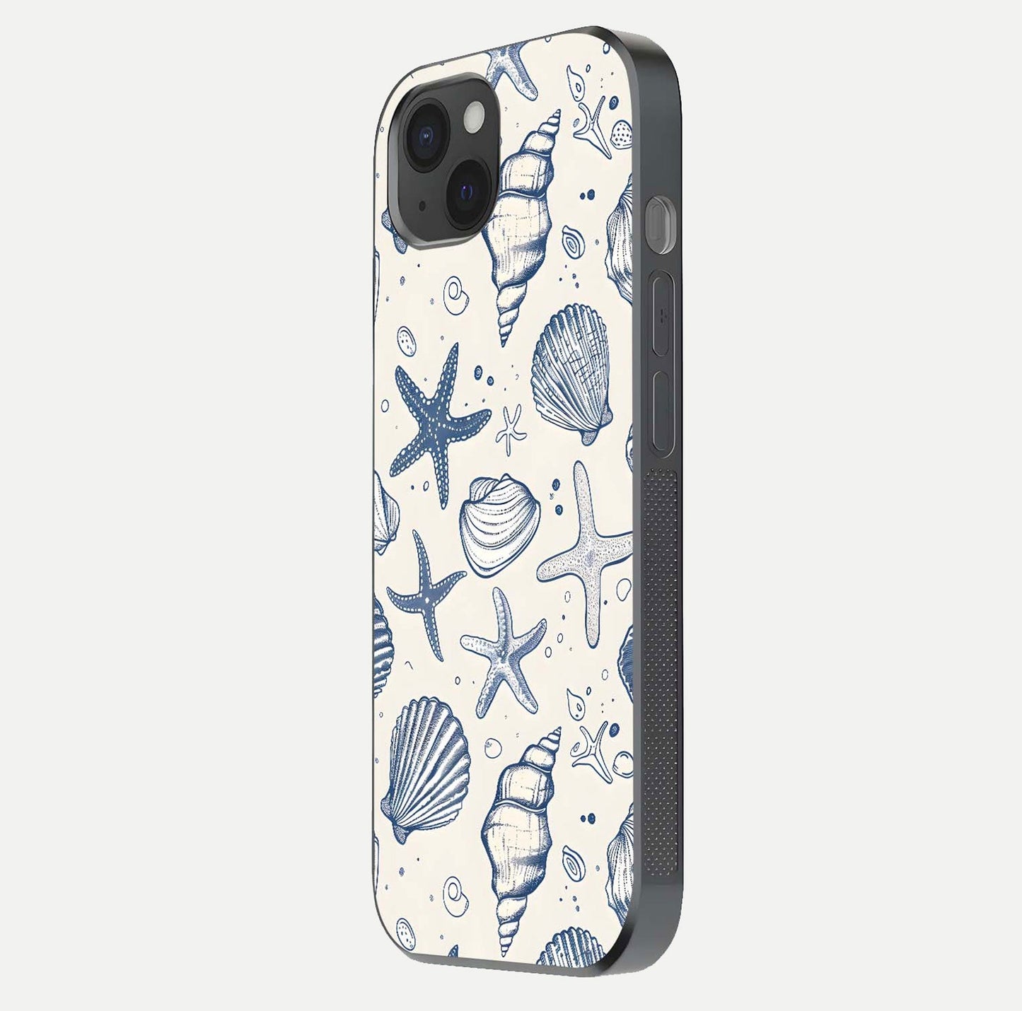 Blue Ocean Outline Glass Case for iPhone 15 Plus side-angle view showing clear edge lines and oceanic blue glow