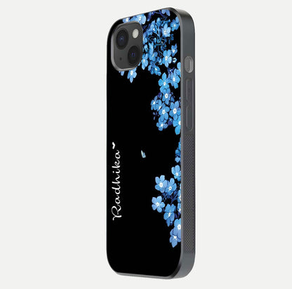 Blue Petal Dream Custom Name Glass Case for iPhone 15 Plus side-angle image showing name print clarity and smooth gloss