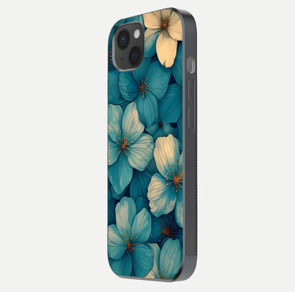 Blue Shade Floral Glass Case for iPhone 15 Plus side-angle photo showing detailed floral hues and curved glass shine