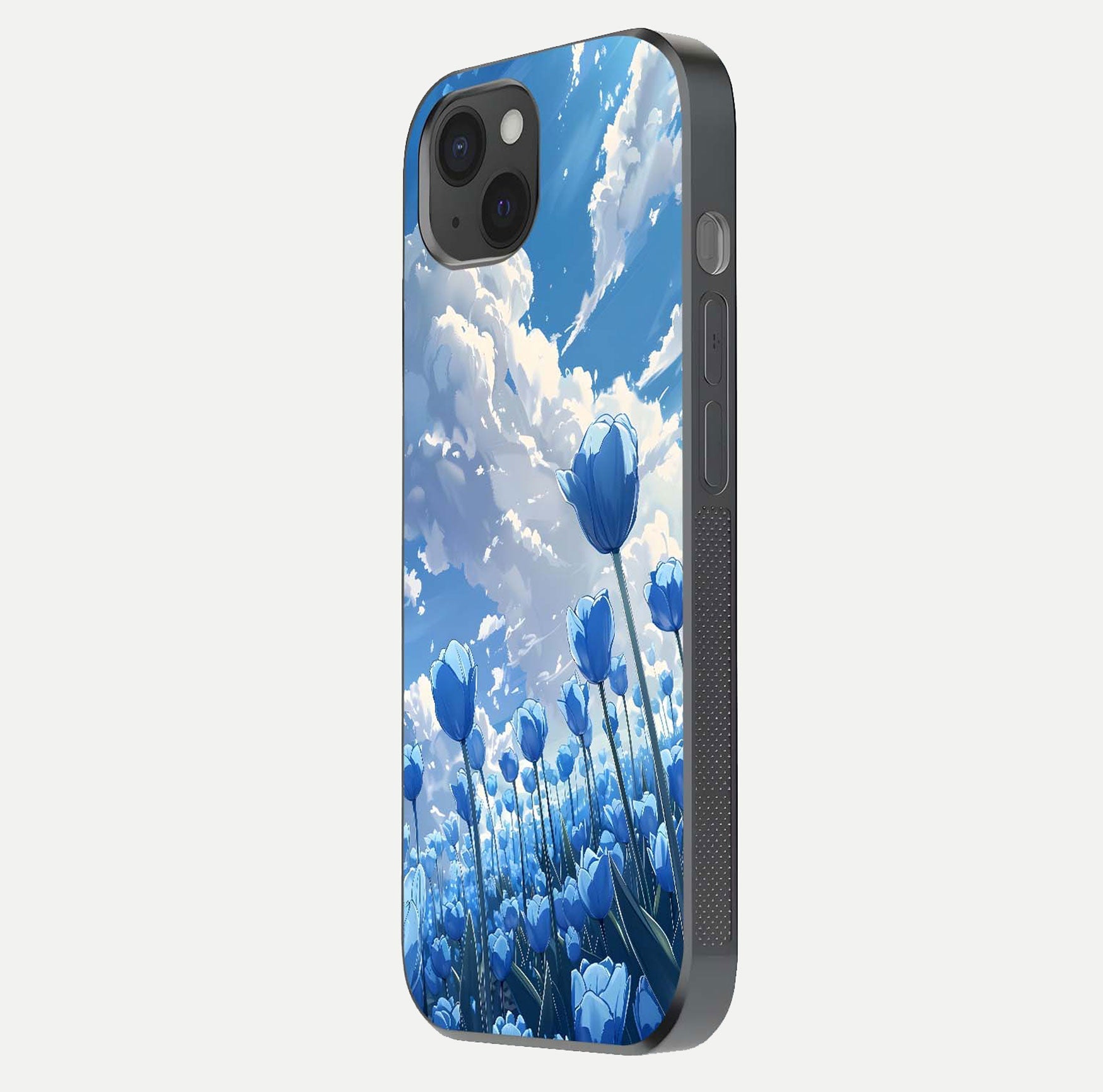Blue Tulip Clouds Glass Case for iPhone 15 Plus side-angle image showing edge curve and flower reflection glow