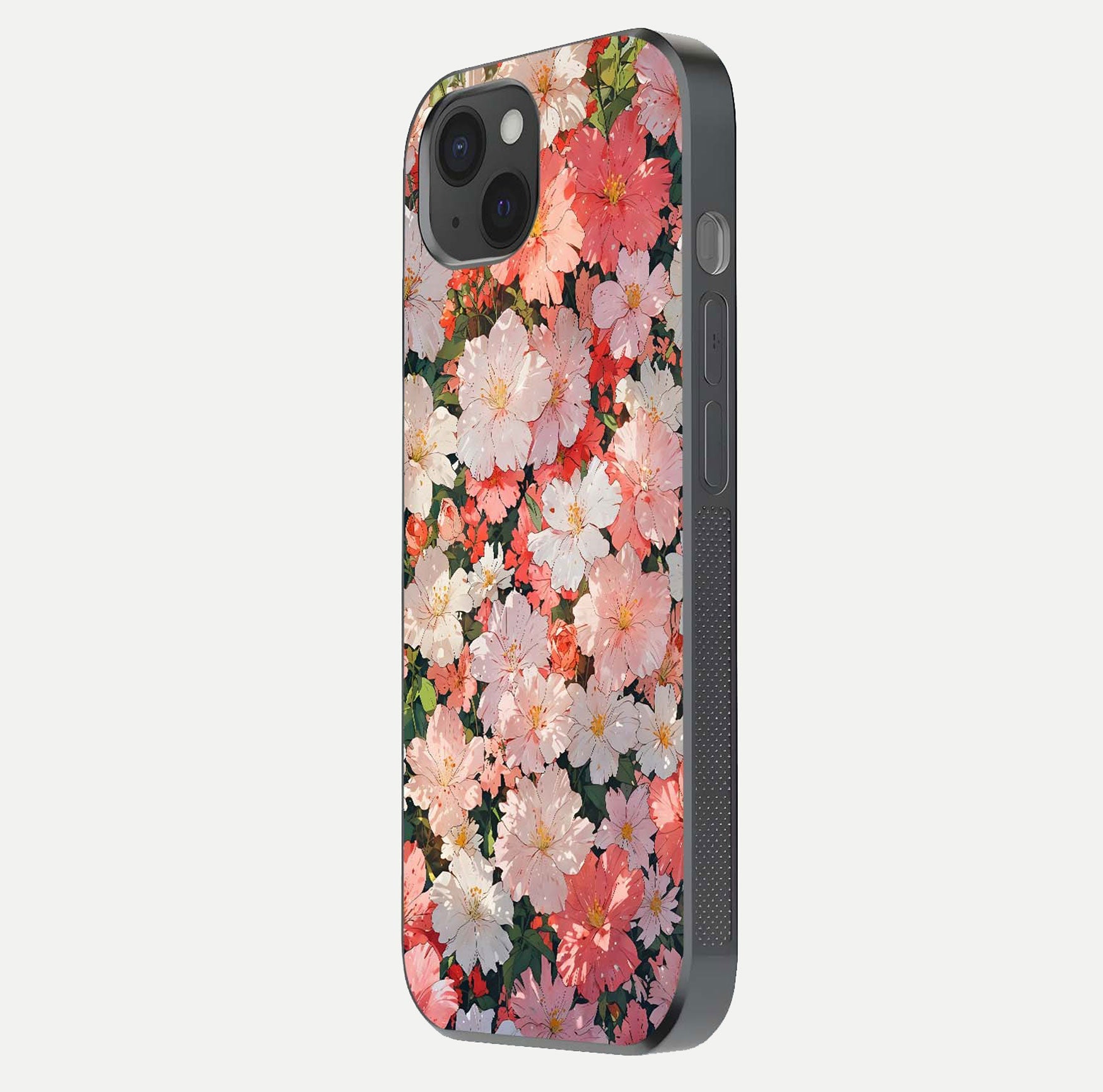 Blush Bloom Field Glass Case for iPhone 15 Plus side-angle image showing petal pattern gloss and smooth edges