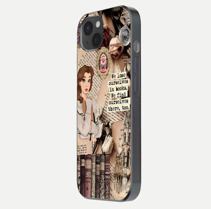 Bookish Dream World Glass Case for iPhone 15 Plus side-angle image showing detail depth and smooth corner polish