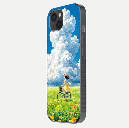 Breezy Meadow Ride Glass Case for iPhone 15 Plus side-angle image showing floral details and edge glow