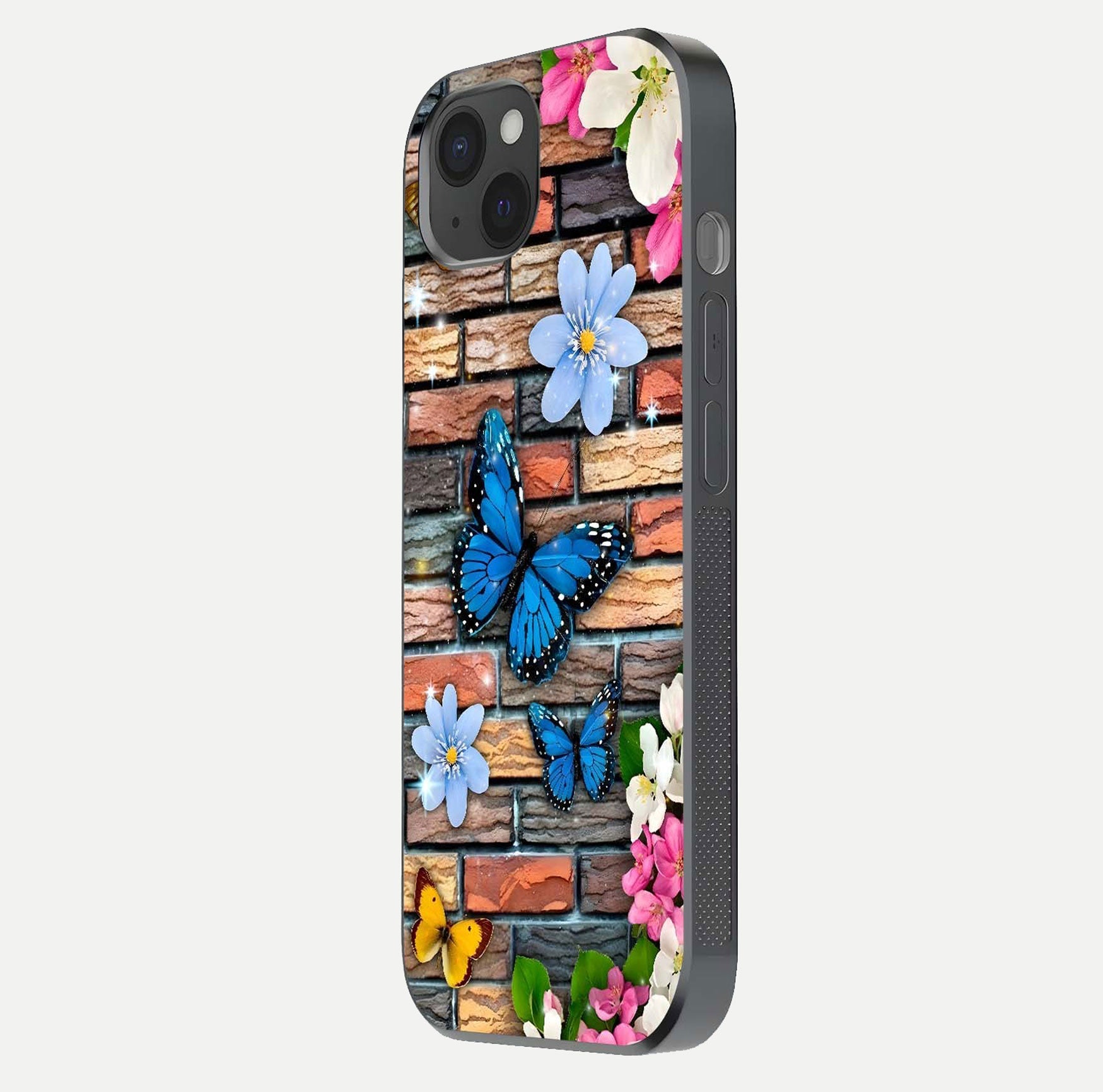 Brick Bloom Flight Glass Case for iPhone 15 Plus side-angle photo showing curve shine and detailed petal contrast