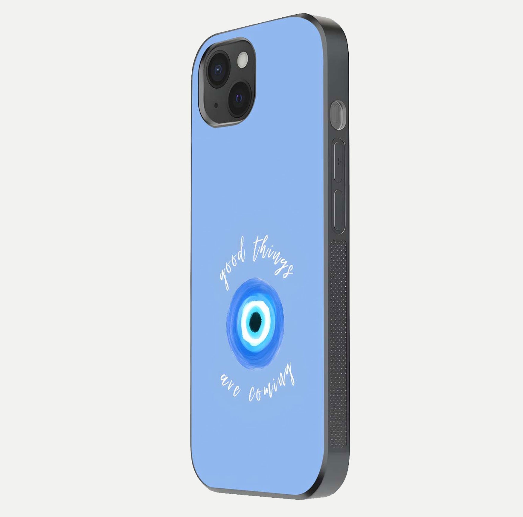 Bright Future Ahead Glass Case for iPhone 15 Plus side-angle image displaying edge smoothness and reflective surface