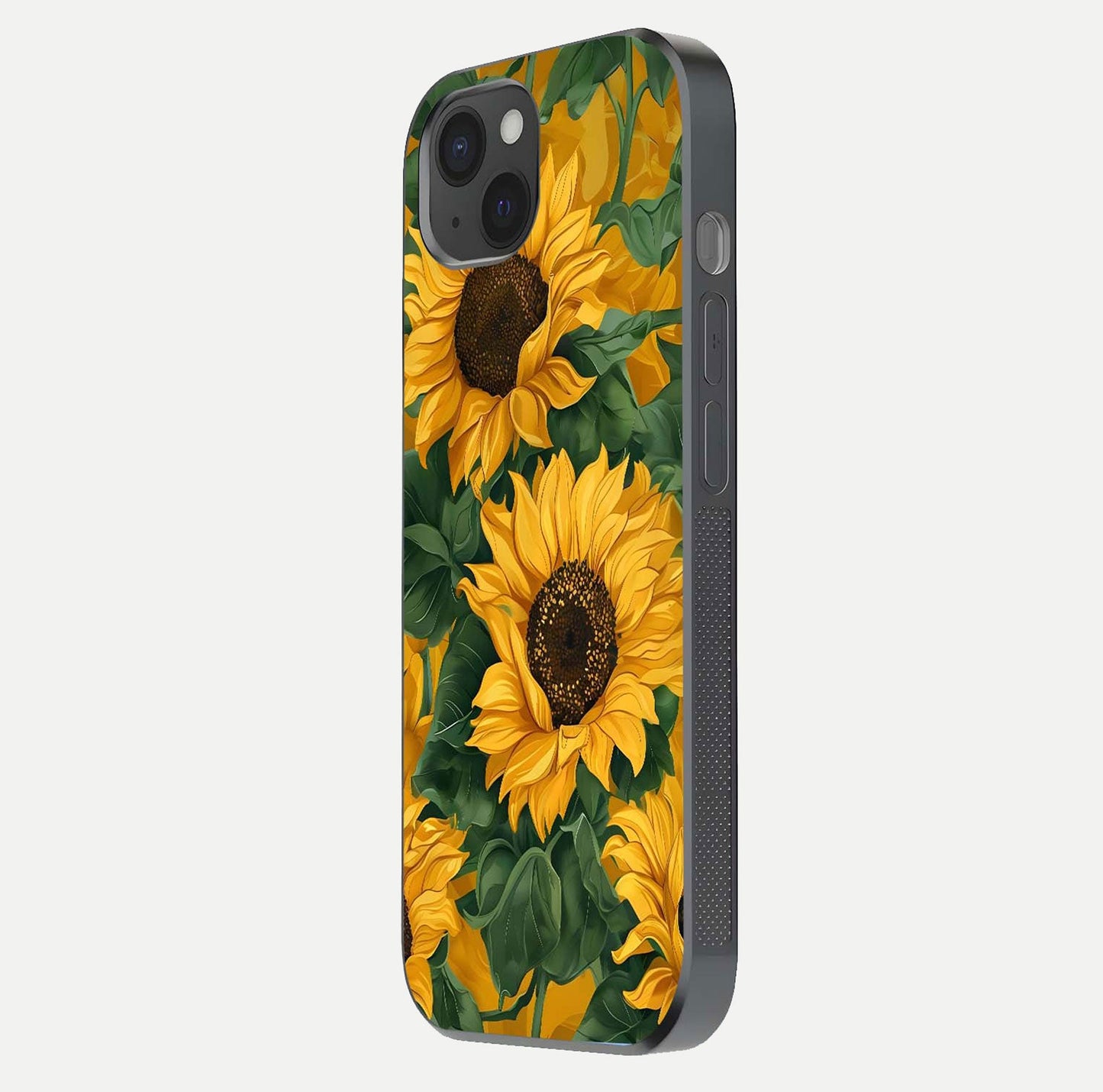 Bright Sunflower Bloom Glass Case for iPhone 15 Plus side-angle image showing shine texture and detailed bloom