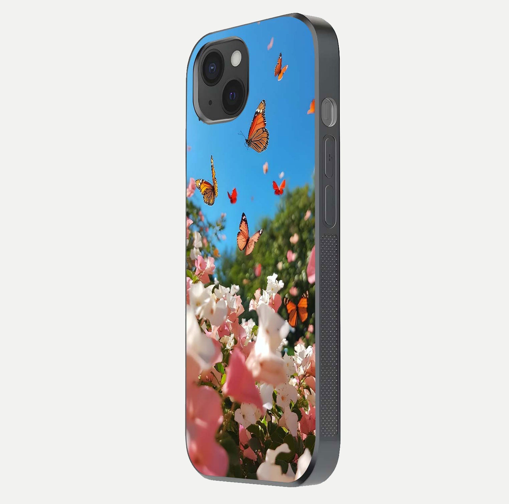 Butterflies in Bloom Sky Glass Case for iPhone 15 Plus side-angle image showing delicate details and gloss polish