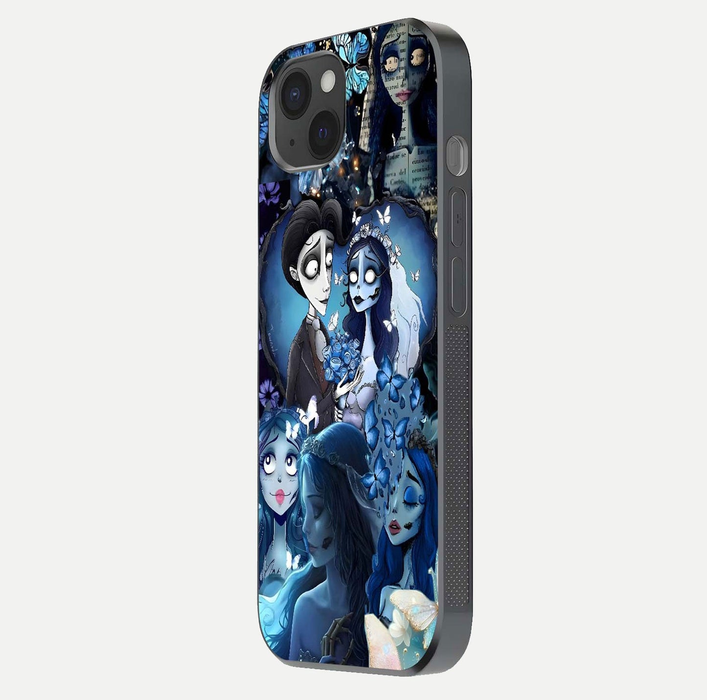 Butterfly Ghost Soul Glass Case for iPhone 15 Plus side-angle image capturing edge light and deep design tones