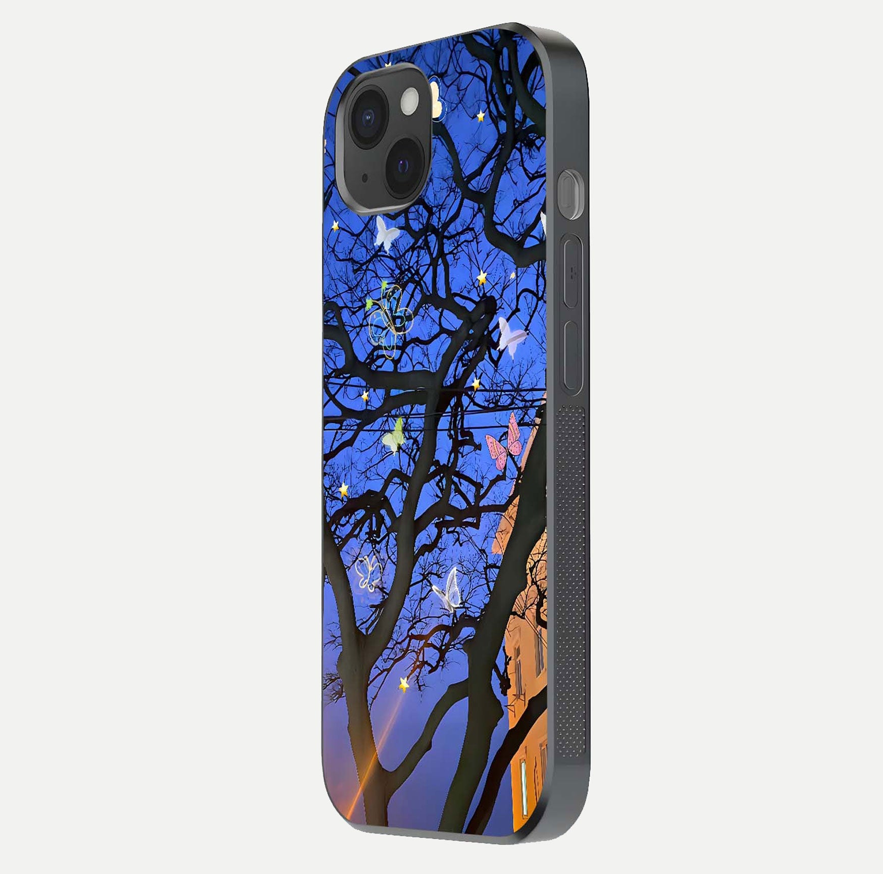 Butterfly Night Magic Glass Case for iPhone 15 Plus side-angle view capturing butterfly contrast and glossy depth