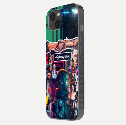 CYBERPUNK Legacy Glass Case for iPhone 15 Plus side-angle photo showing edge glow and reflective surface